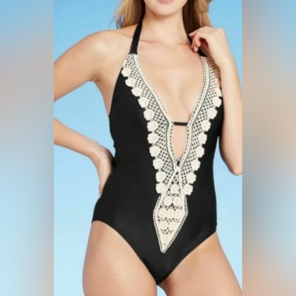 🆕 NWT Kona Sol Women's Black Creme Lace‎ Trim Plunging One Piece Swimsuit XL - Picture 1 of 7